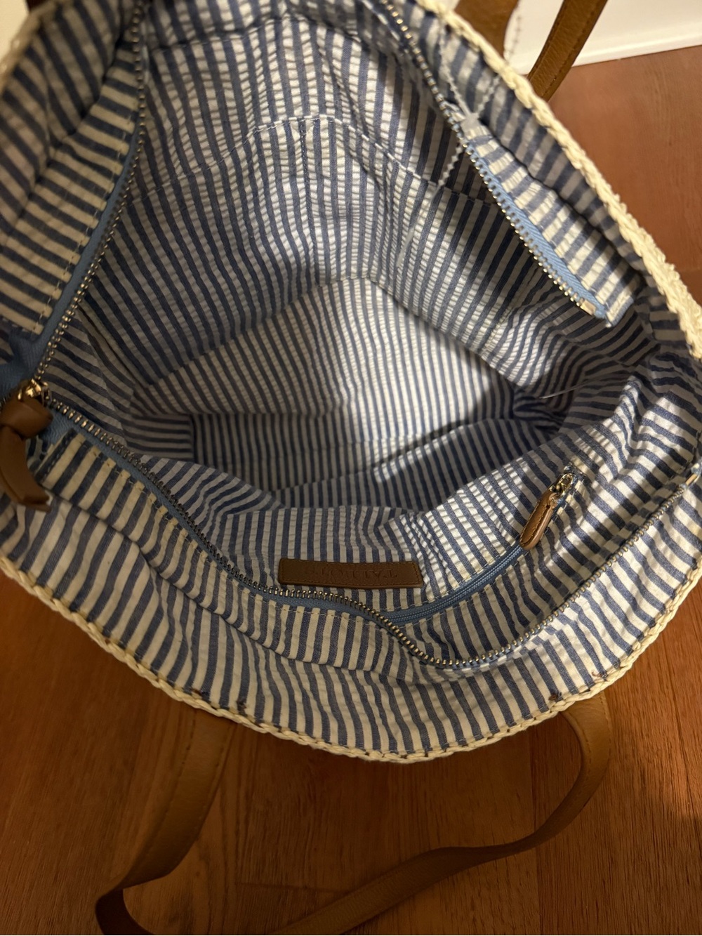 Talbots Woven Straw Tote Bag | Blue Seersucker Lining | Coastal Preppy Beach Bag - Picture 8 of 11